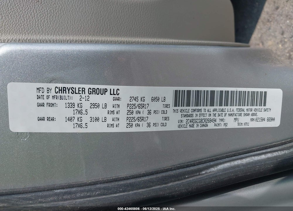 2012 DODGE GRAND CARAVAN SXT VIN: 2C4RDGCG8CR268494