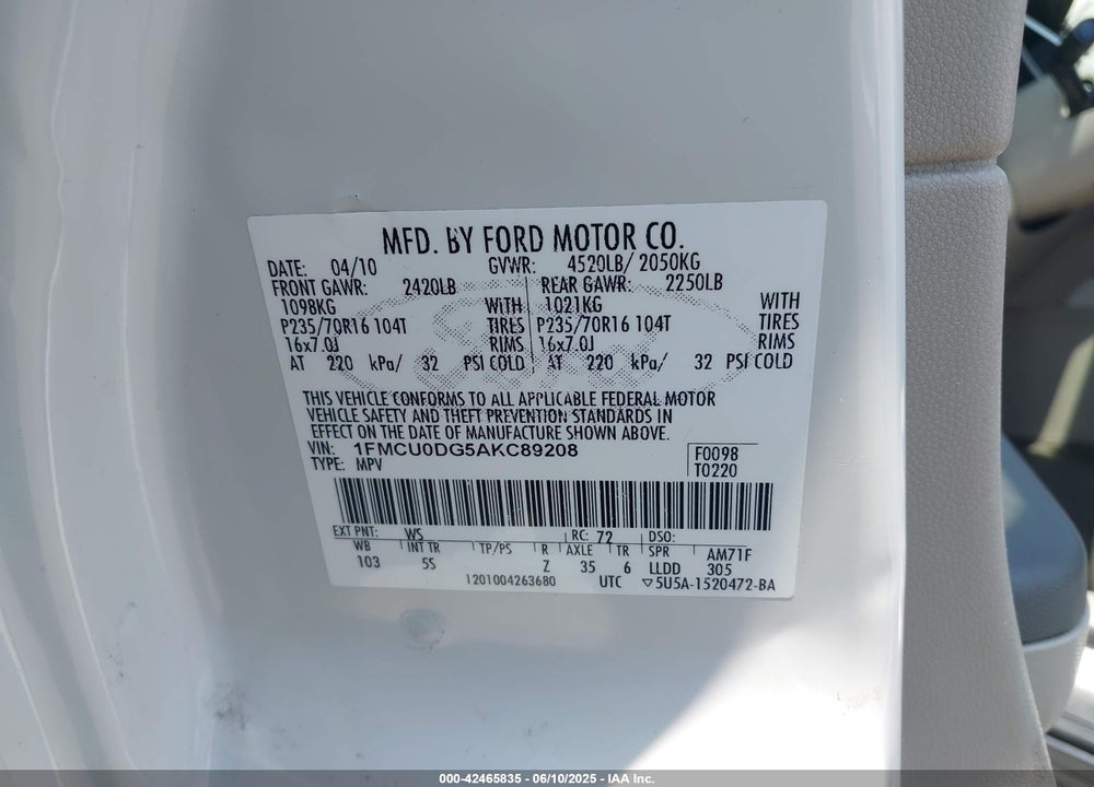 2010 FORD ESCAPE XLT VIN: 1FMCU0DG5AKC89208
