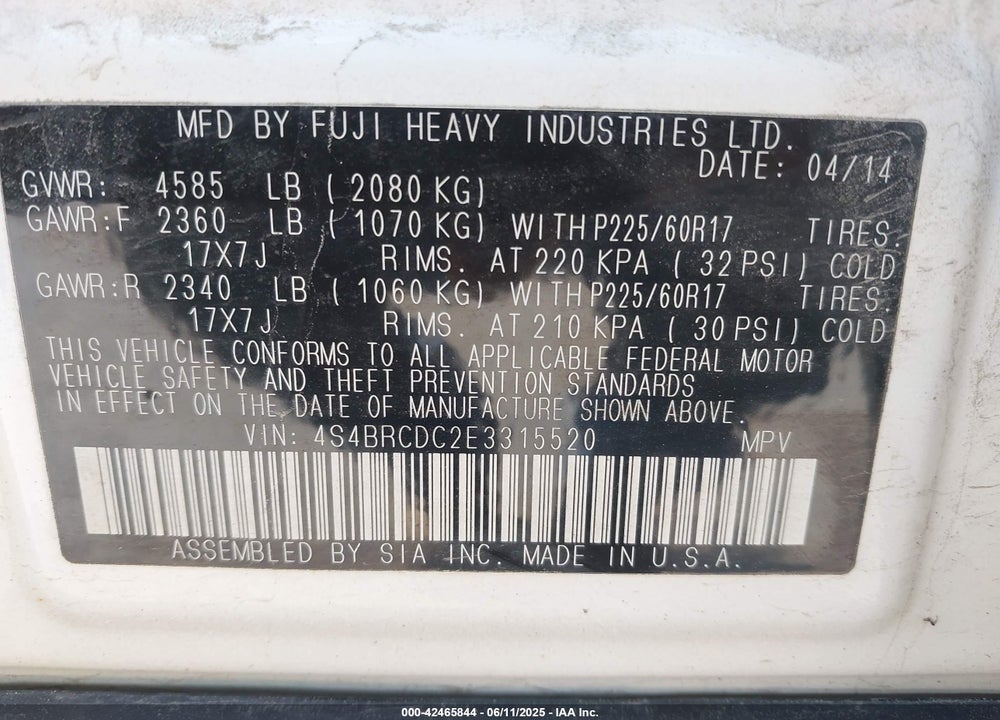 2014 SUBARU OUTBACK VIN: 4S4BRCDC2E3315520