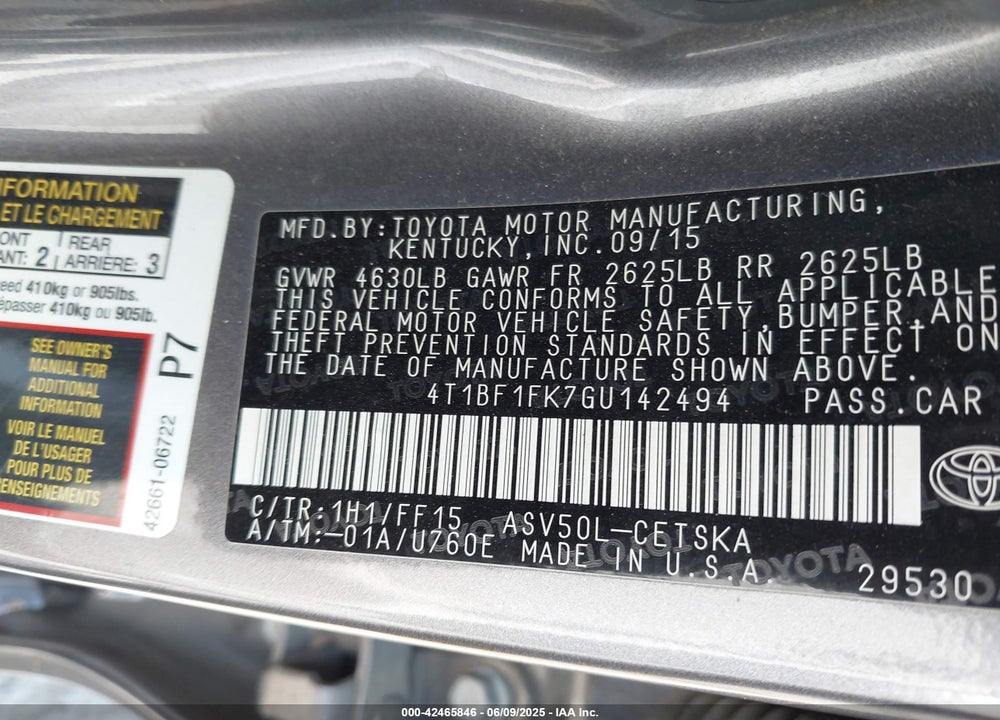 2016 TOYOTA CAMRY SE VIN: 4T1BF1FK7GU142494