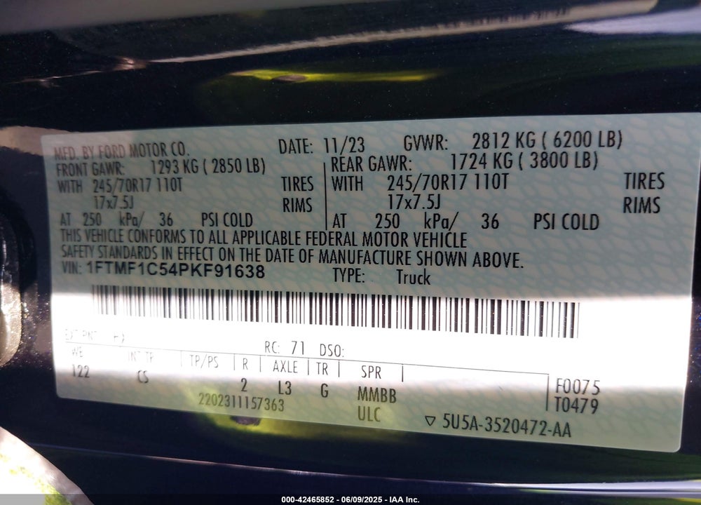 2023 FORD F-150 VIN: 1FTMF1C54PKF91638
