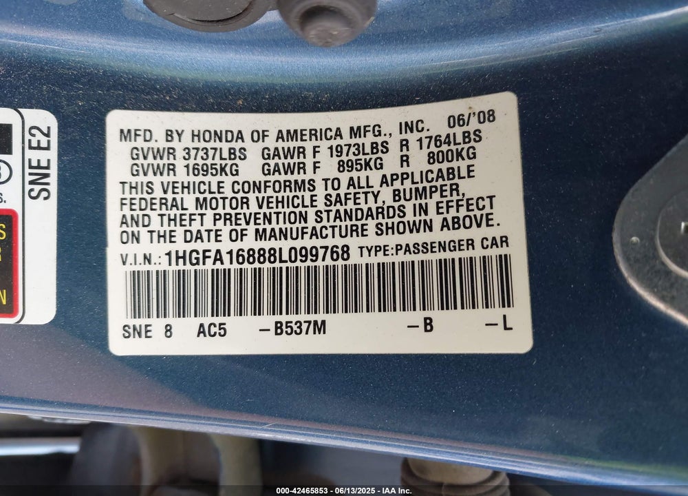 2008 HONDA CIVIC VIN: 1HGFA16888L099768