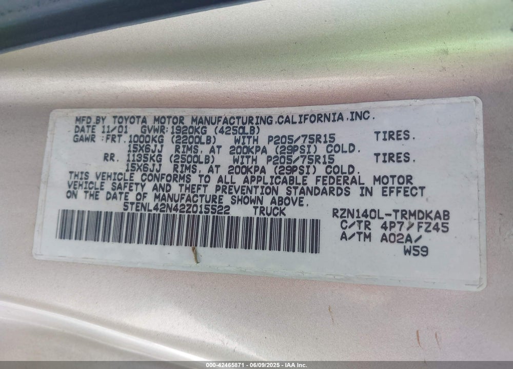 2002 TOYOTA TACOMA VIN: 5TENL42N42Z015522