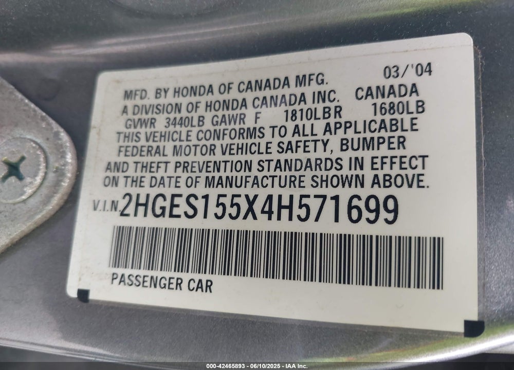 2004 HONDA CIVIC LX VIN: 2HGES155X4H571699
