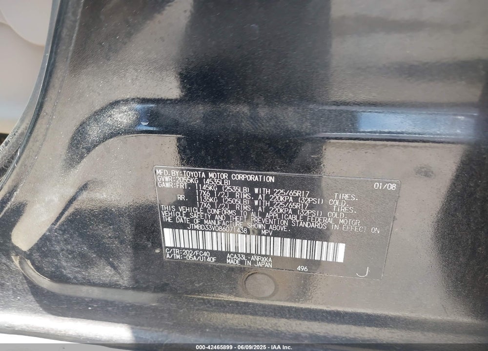 2008 TOYOTA RAV4 VIN: JTMBD33V086071438