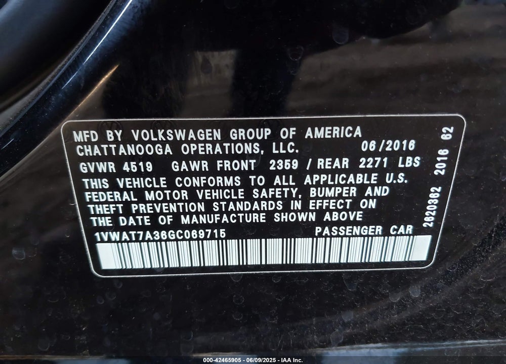 2016 VOLKSWAGEN PASSAT VIN: 1VWAT7A36GC069715