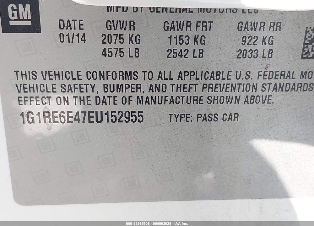 2014 CHEVROLET VOLT VIN: 1G1RE6E47EU152955