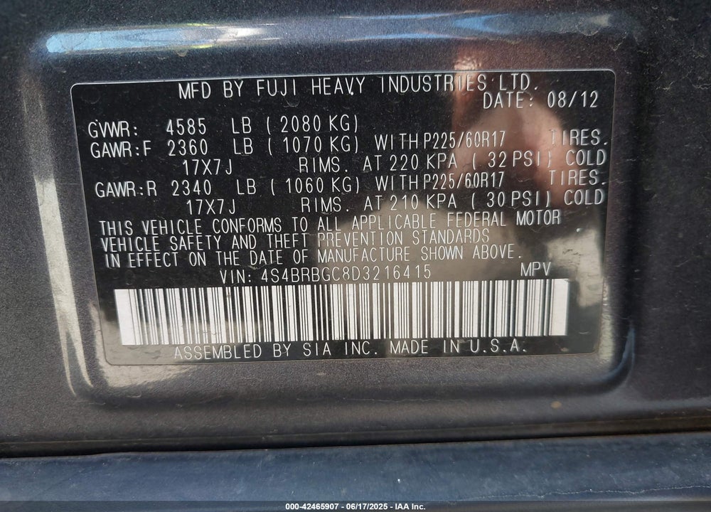 2013 SUBARU OUTBACK VIN: 4S4BRBGC8D3216415