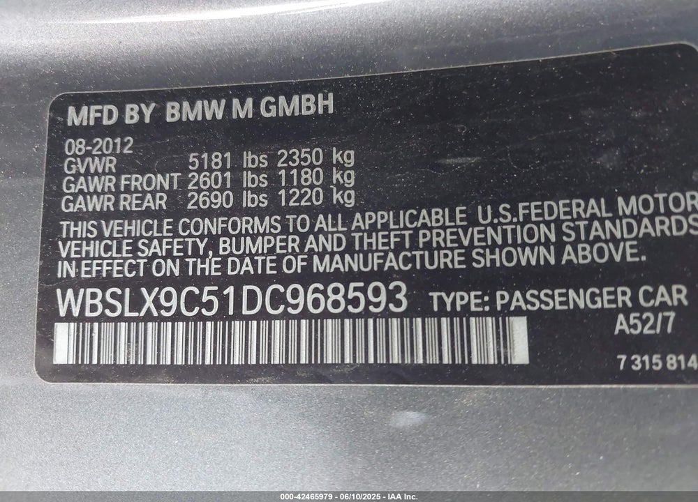 2013 BMW M6 VIN: WBSLX9C51DC968593