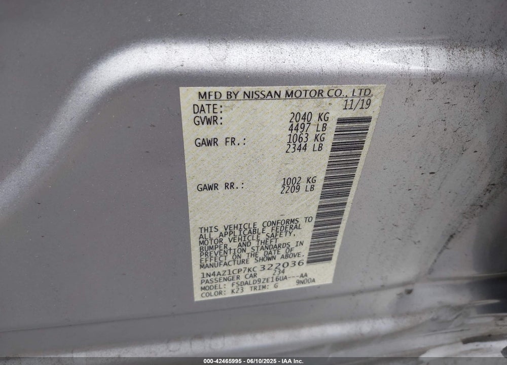 2019 NISSAN LEAF SV VIN: 1N4AZ1CP7KC322036