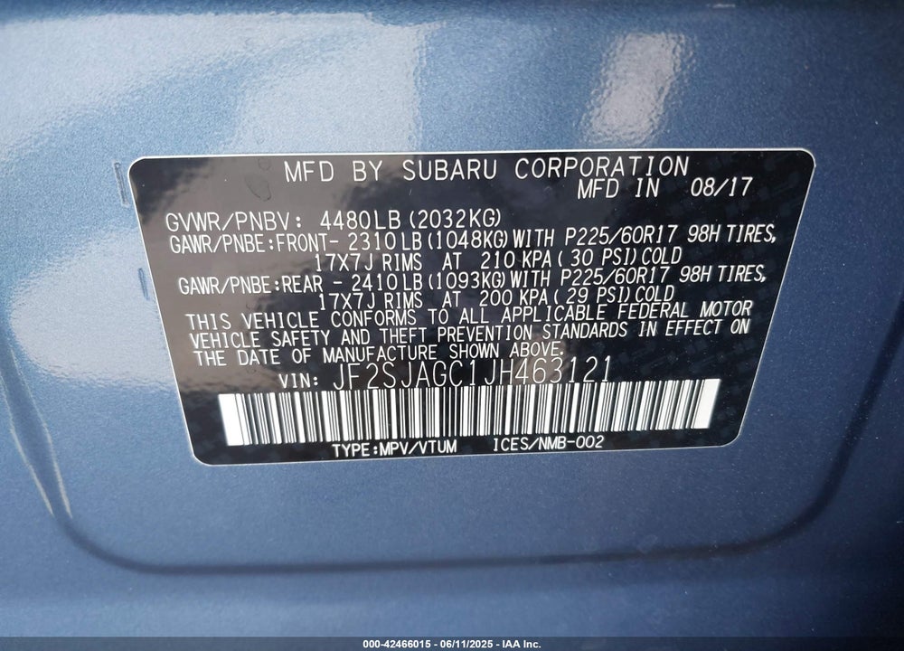 2018 SUBARU FORESTER 2.5I PREMIUM VIN: JF2SJAGC1JH463121