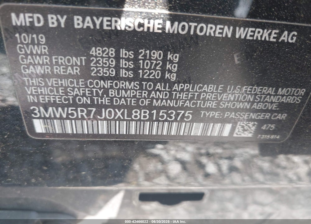 2020 BMW 3 SERIES VIN: 3MW5R7J0XL8B15375