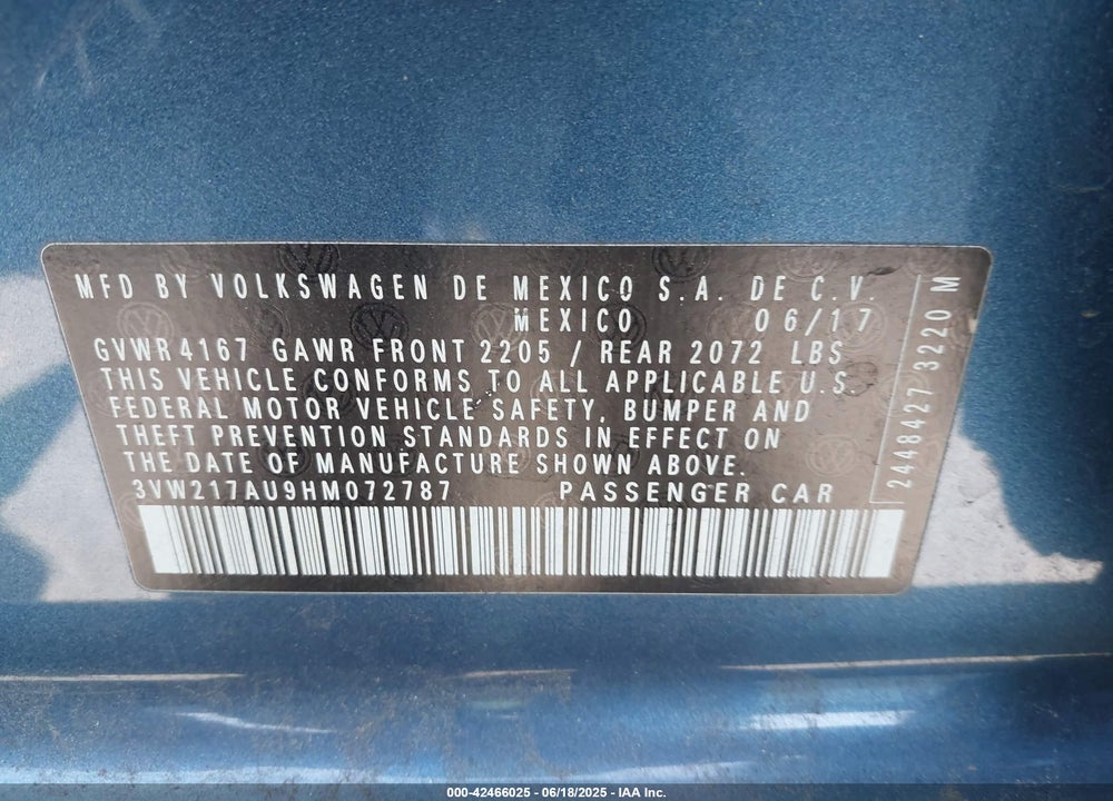 2017 VOLKSWAGEN GOLF TSI S 4-DOOR/TSI SE 4-DOOR/TSI SEL 4-DOOR/TSI WOLFSBURG EDITION 4-DOOR VIN: 3VW217AU9HM072787