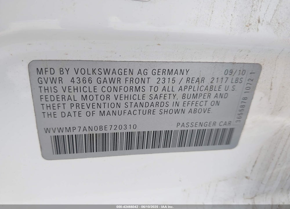2011 VOLKSWAGEN CC SPORT VIN: WVWMP7AN0BE720310