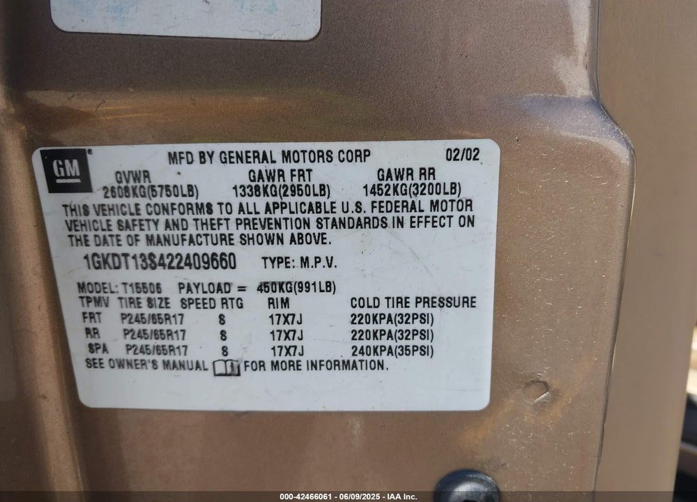 2002 GMC ENVOY SLE VIN: 1GKDT13S422409660