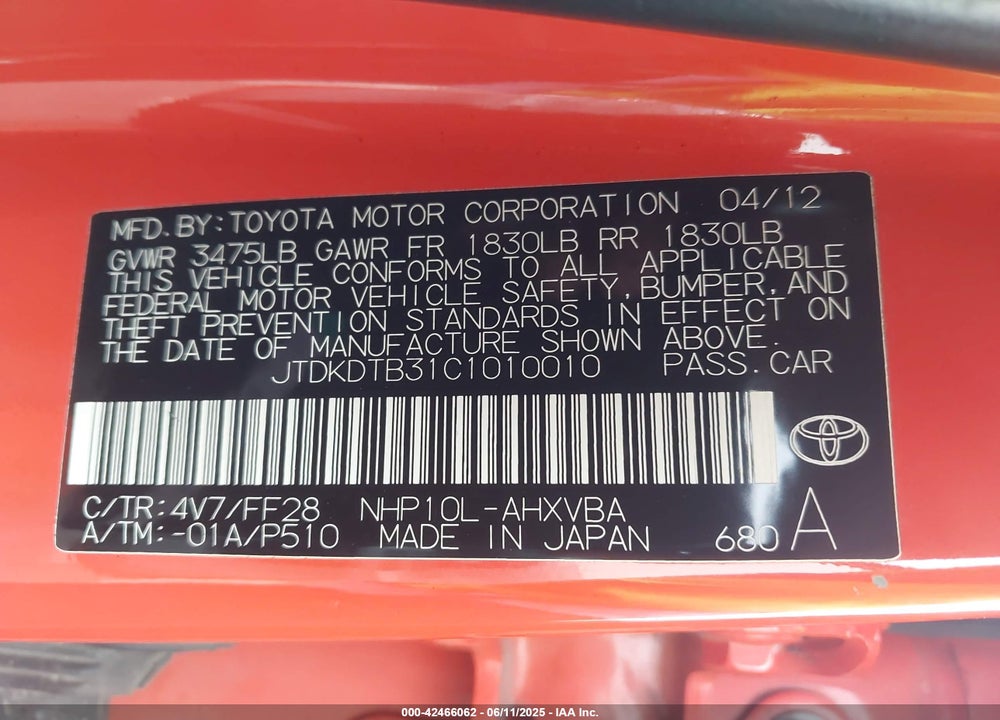 2012 TOYOTA PRIUS C TWO VIN: JTDKDTB31C1010010