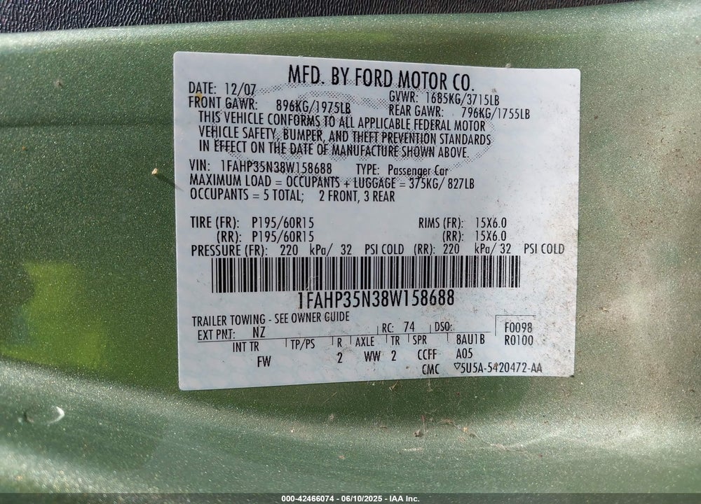 2008 FORD FOCUS VIN: 1FAHP35N38W158688