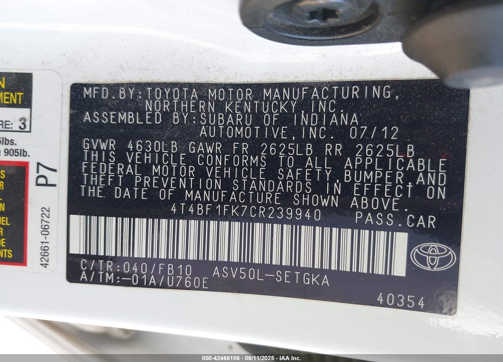 2012 TOYOTA CAMRY VIN: 4T4BF1FK7CR239940