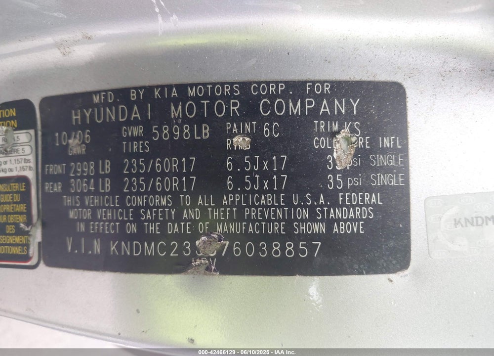 2007 HYUNDAI ENTOURAGE GLS/LIMITED/SE VIN: KNDMC233576038857