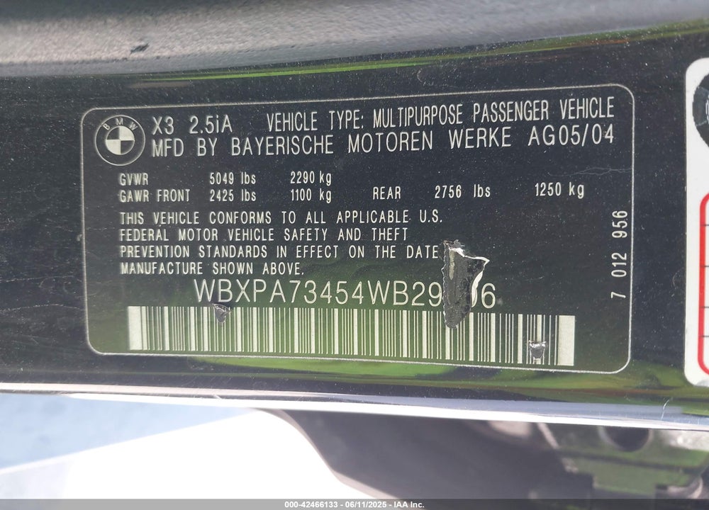 2004 BMW X3 2.5I VIN: WBXPA73454WB29606