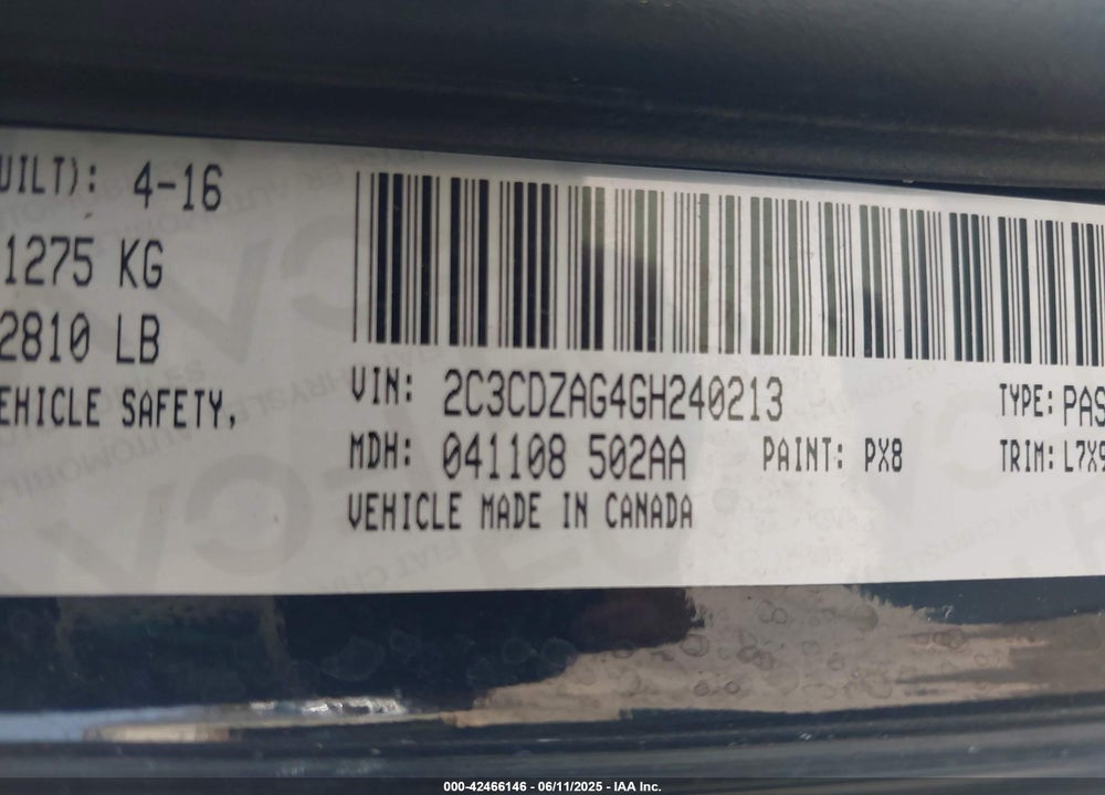 2016 DODGE CHALLENGER SXT VIN: 2C3CDZAG4GH240213