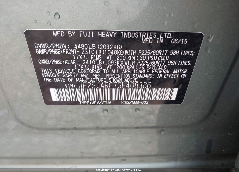 2016 SUBARU FORESTER VIN: JF2SJARC7GH408386