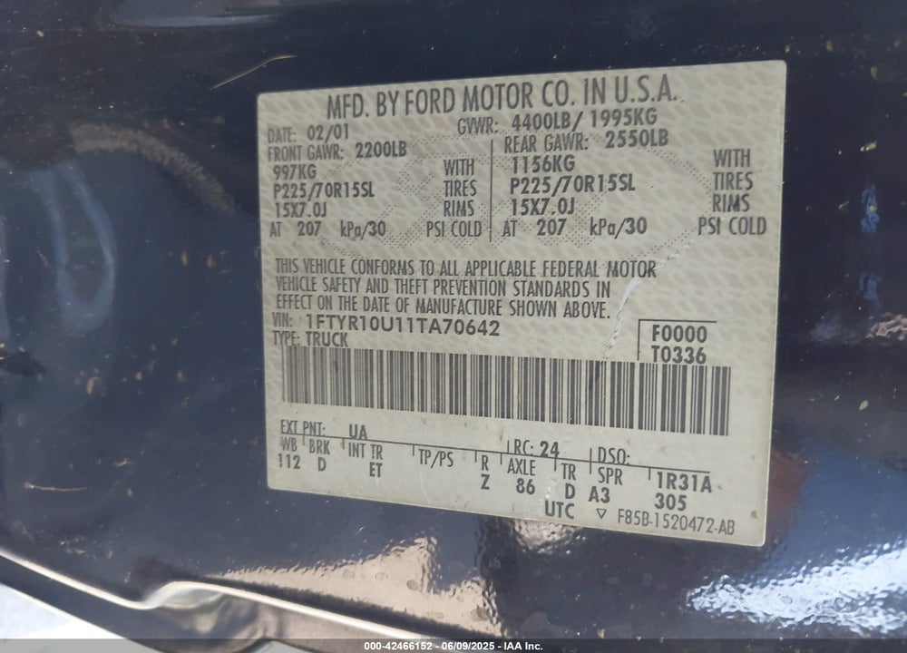 2001 FORD RANGER VIN: 1FTYR10U11TA70642