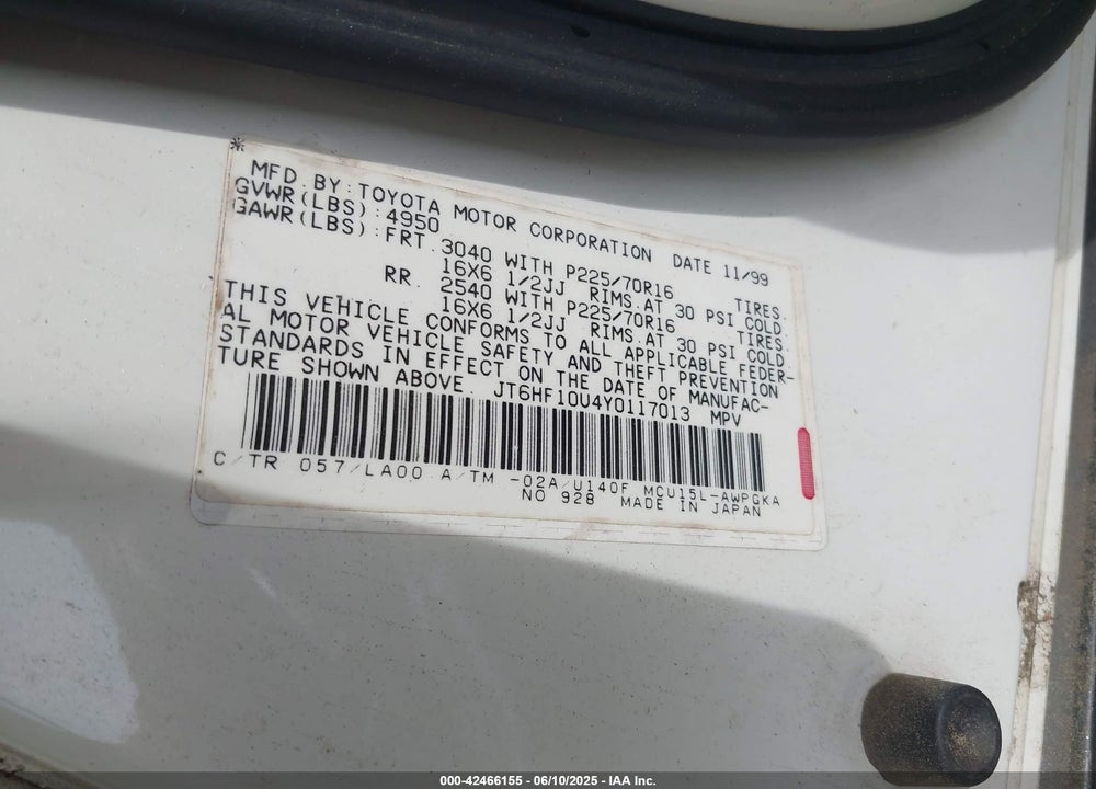 2000 LEXUS RX 300 VIN: JT6HF10U4Y0117013