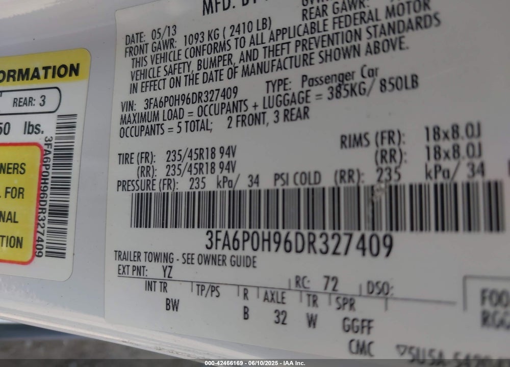 2013 FORD FUSION SE VIN: 3FA6P0H96DR327409