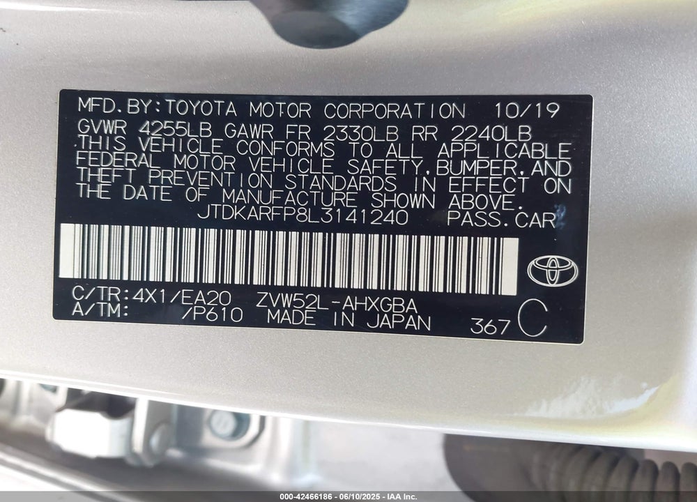 2020 TOYOTA PRIUS PRIME VIN: JTDKARFP8L3141240