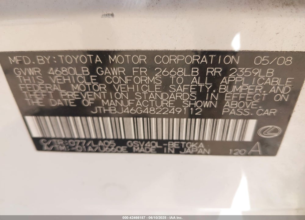 2008 LEXUS ES 350 VIN: JTHBJ46G482249112
