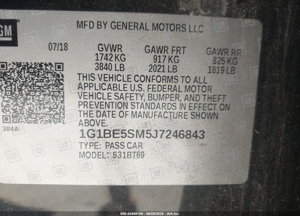 2018 CHEVROLET CRUZE LT AUTO VIN: 1G1BE5SM5J7246843
