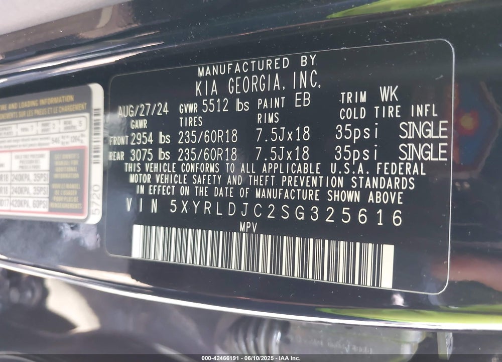 2025 KIA SORENTO S VIN: 5XYRLDJC2SG325616