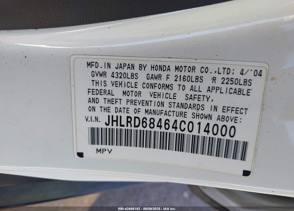 2004 HONDA CR-V LX VIN: JHLRD68464C014000