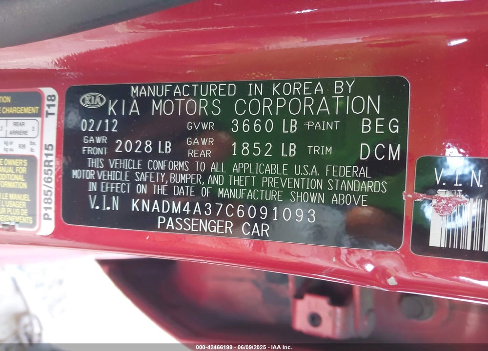 2012 KIA RIO VIN: KNADM4A37C6091093