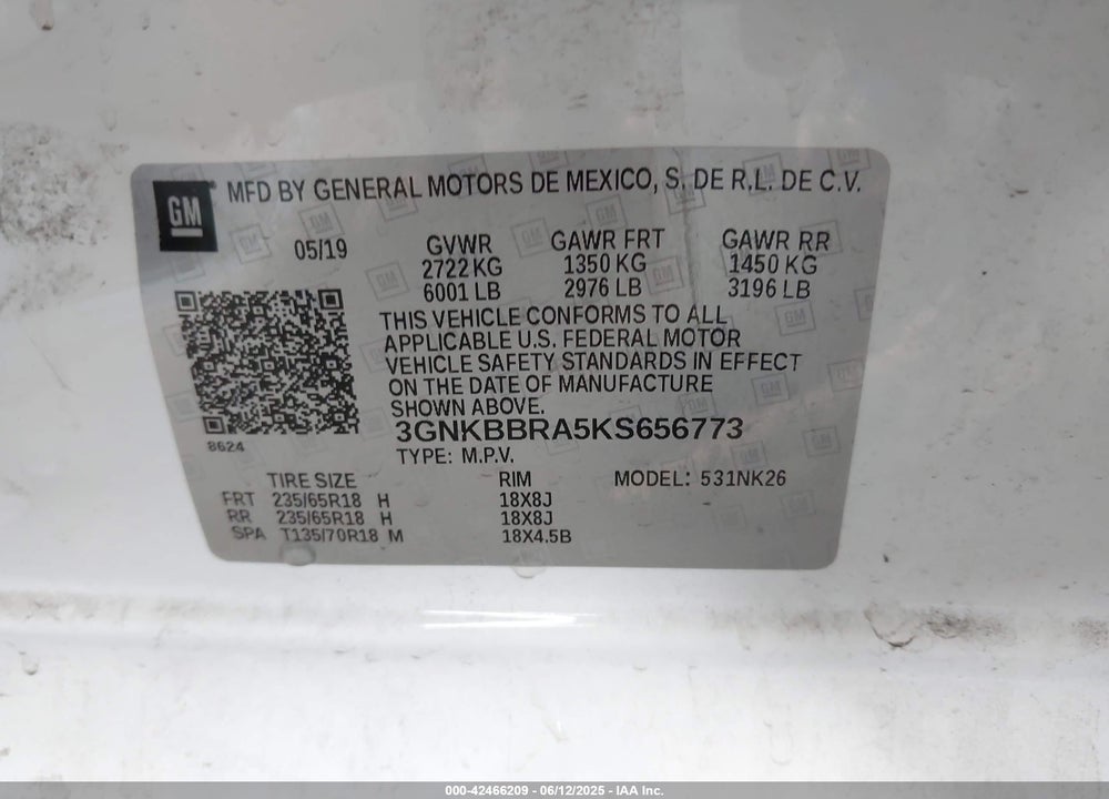 2019 CHEVROLET BLAZER VIN: 3GNKBBRA5KS656773