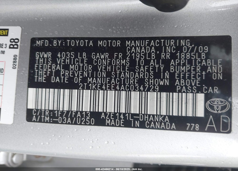 2010 TOYOTA MATRIX VIN: 2T1KE4EE4AC034729