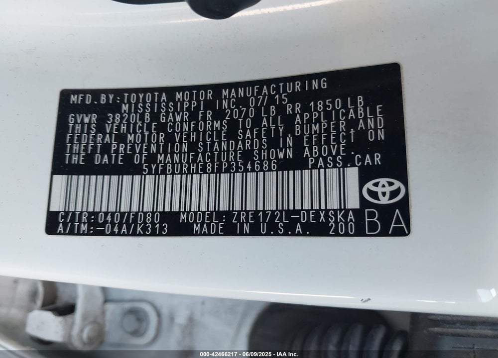 2015 TOYOTA COROLLA S PLUS VIN: 5YFBURHE8FP354686