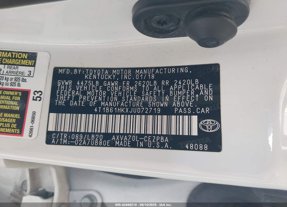 2018 TOYOTA CAMRY VIN: 4T1B61HKXJU072719