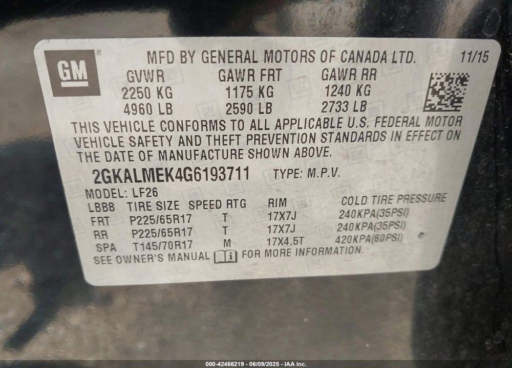 2016 GMC TERRAIN SLE-1 VIN: 2GKALMEK4G6193711