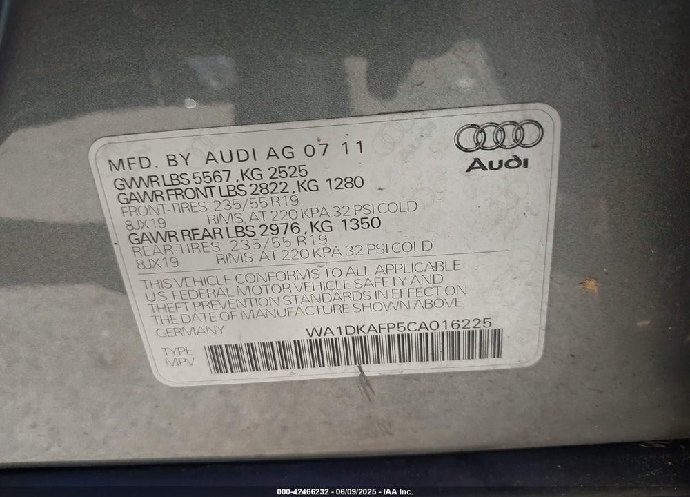 2012 AUDI Q5 3.2 PREMIUM PLUS VIN: WA1DKAFP5CA016225