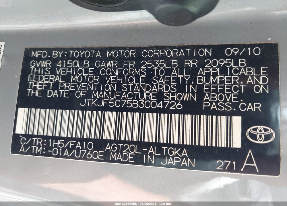 2011 SCION TC VIN: JTKJF5C75B3004726