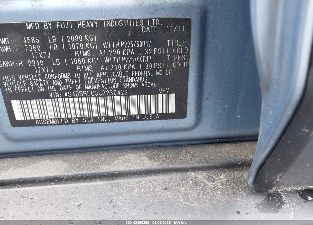 2012 SUBARU OUTBACK VIN: 4S4BRBLC3C3230422