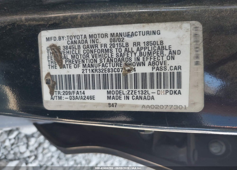 2003 TOYOTA MATRIX STANDARD VIN: 2T1KR32E83C071854