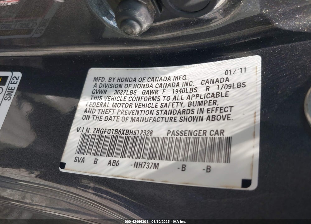 2011 HONDA CIVIC VIN: 2HGFG1B6XBH512328