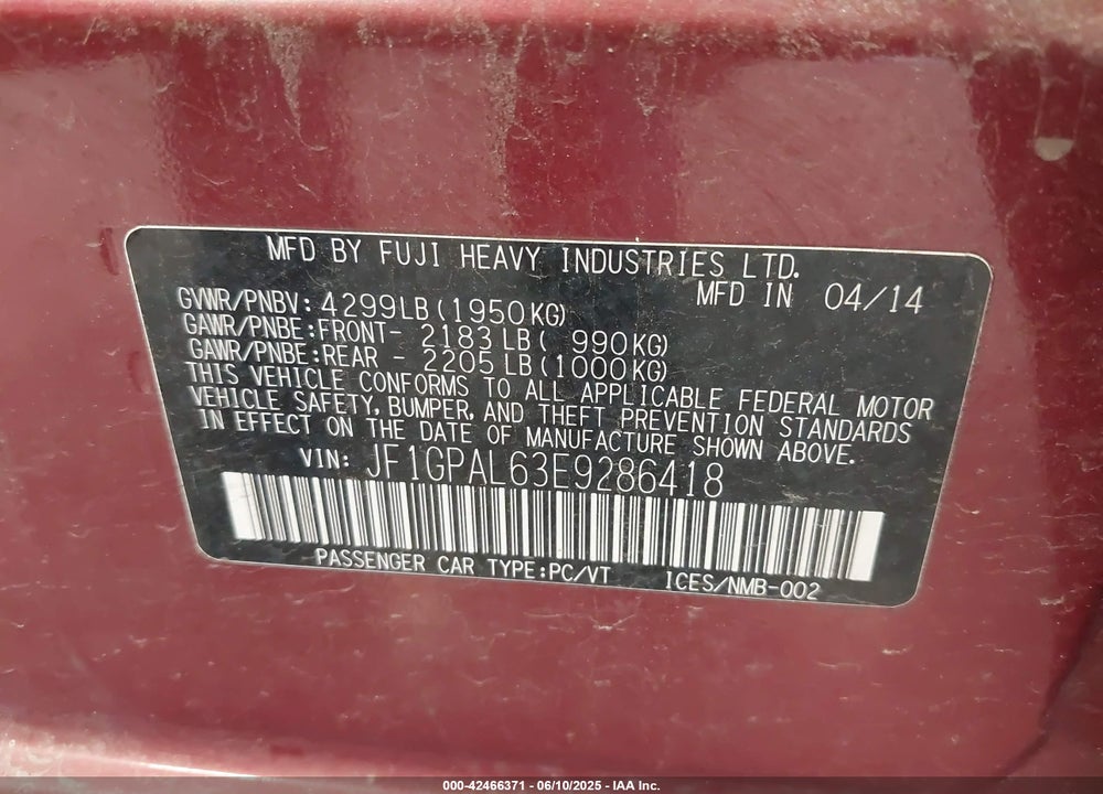 2014 SUBARU IMPREZA 2.0I SPORT PREMIUM VIN: JF1GPAL63E9286418