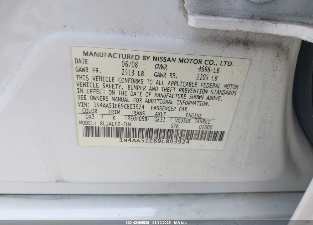 2009 NISSAN MAXIMA VIN: 1N4AA51E69C803924