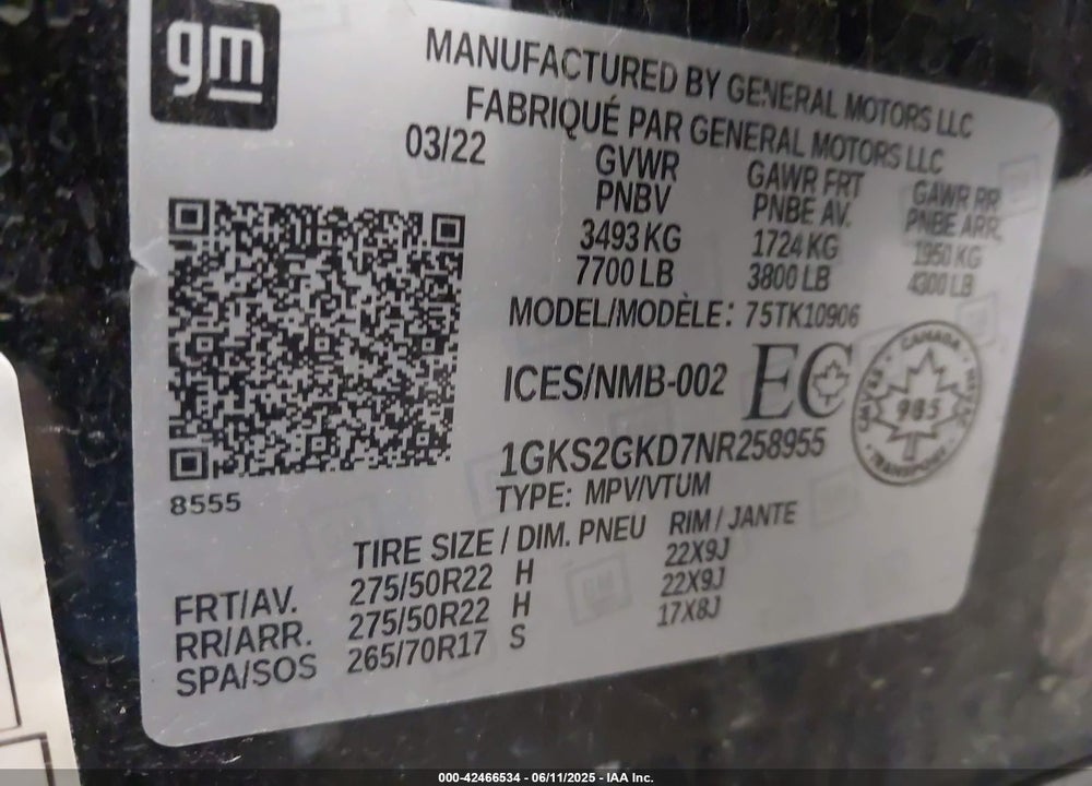 2022 GMC YUKON XL VIN: 1GKS2GKD7NR258955