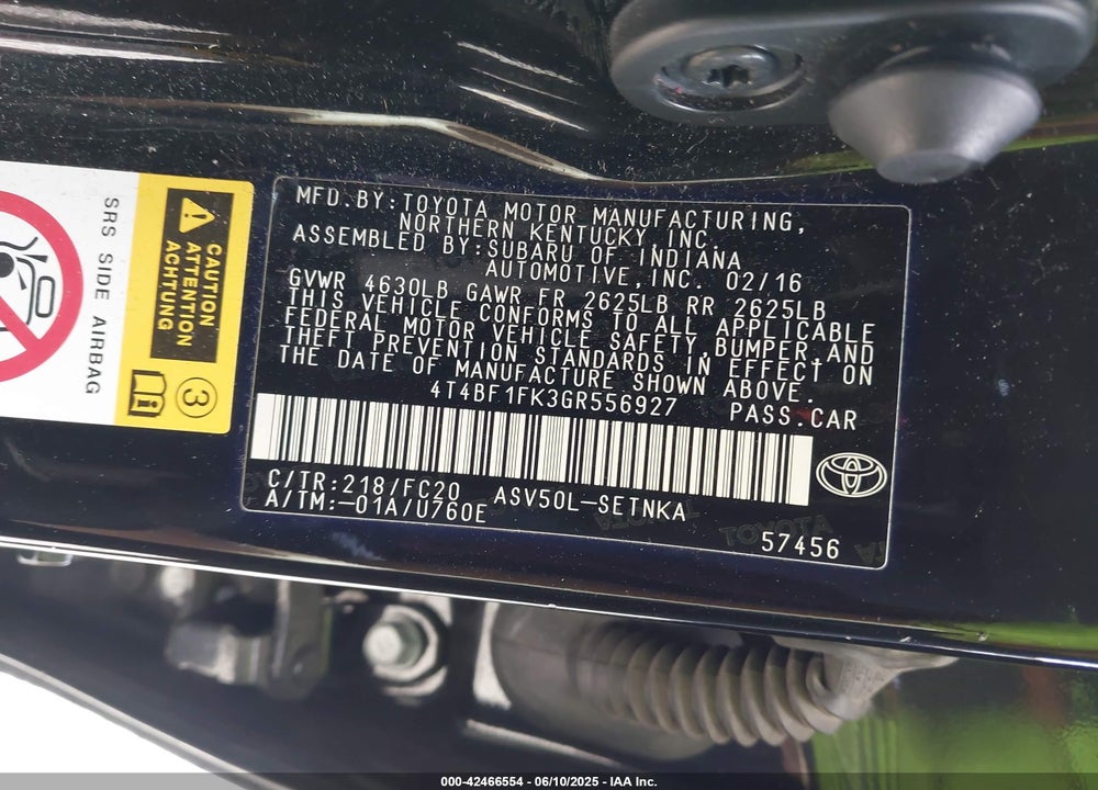 2016 TOYOTA CAMRY LE VIN: 4T4BF1FK3GR556927