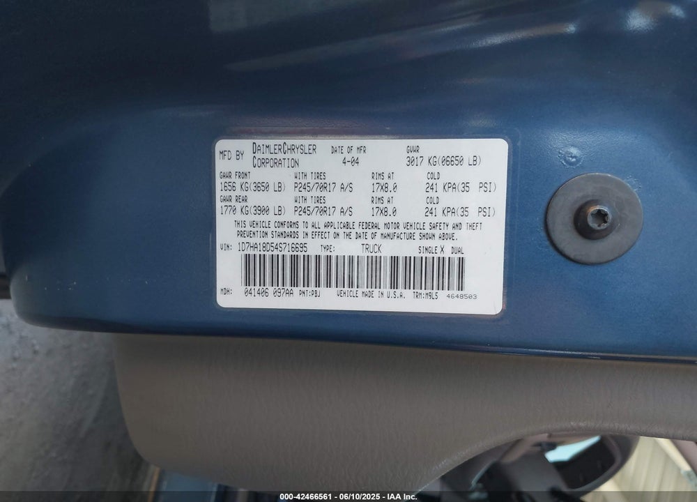 2004 DODGE RAM 1500 SLT/LARAMIE VIN: 1D7HA18D54S716695
